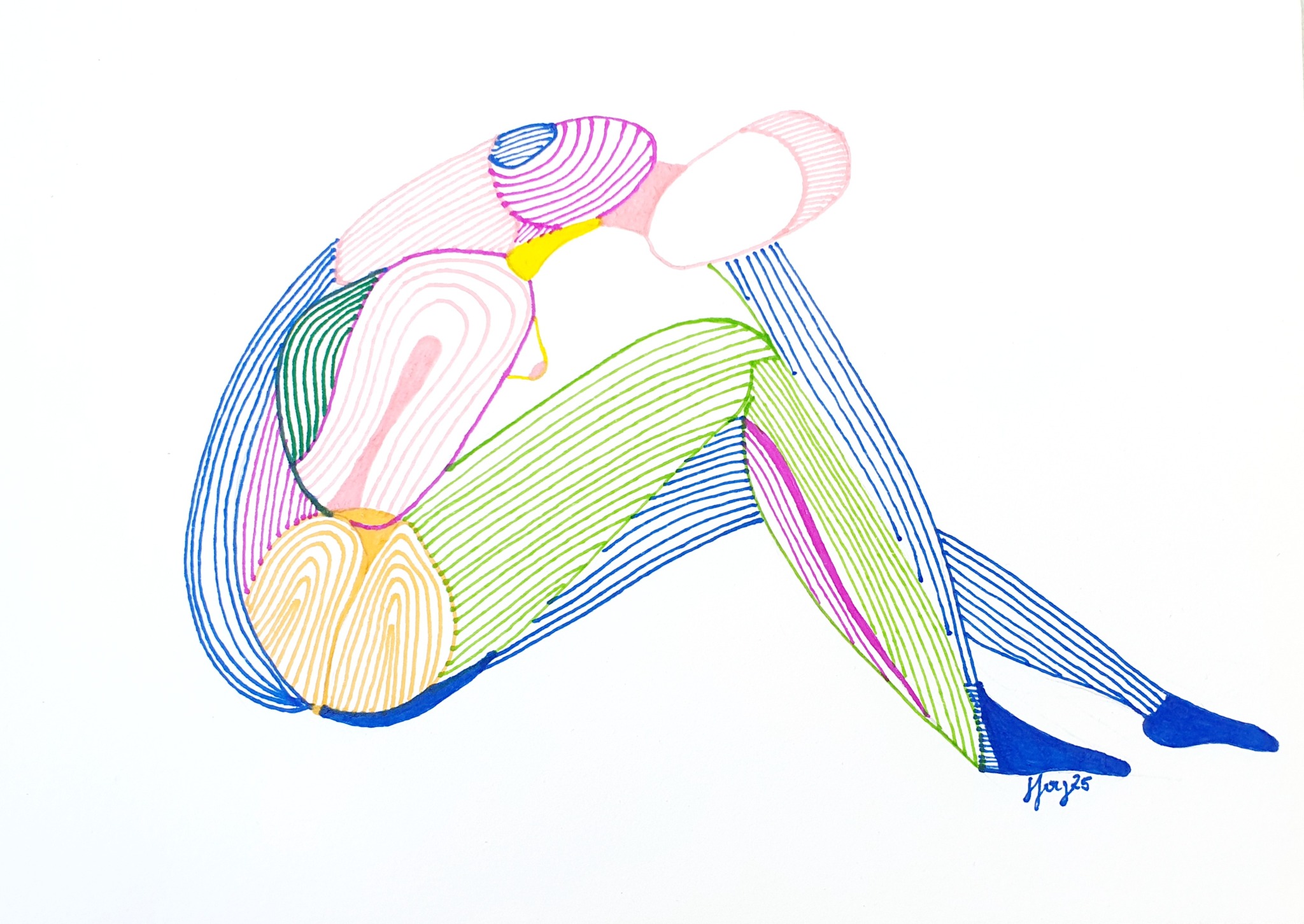 Dessin original de Jennifer Pirodon aux lignes colorées représentant deux formes enlacées